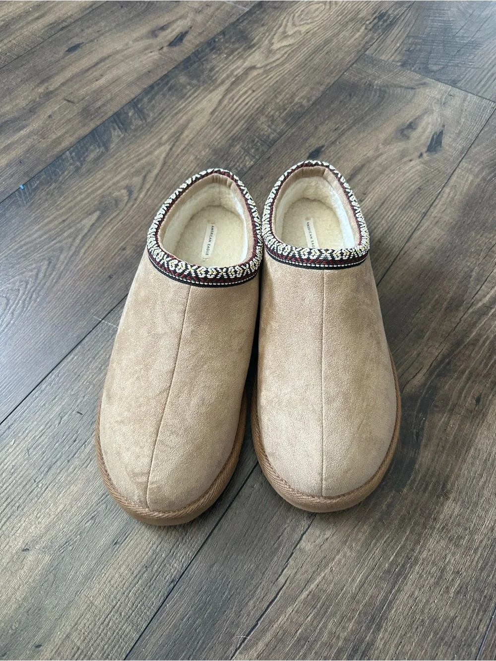American Eagle Outfitters Tan Slip-On Suede-Look Loafers with Patterned Trim